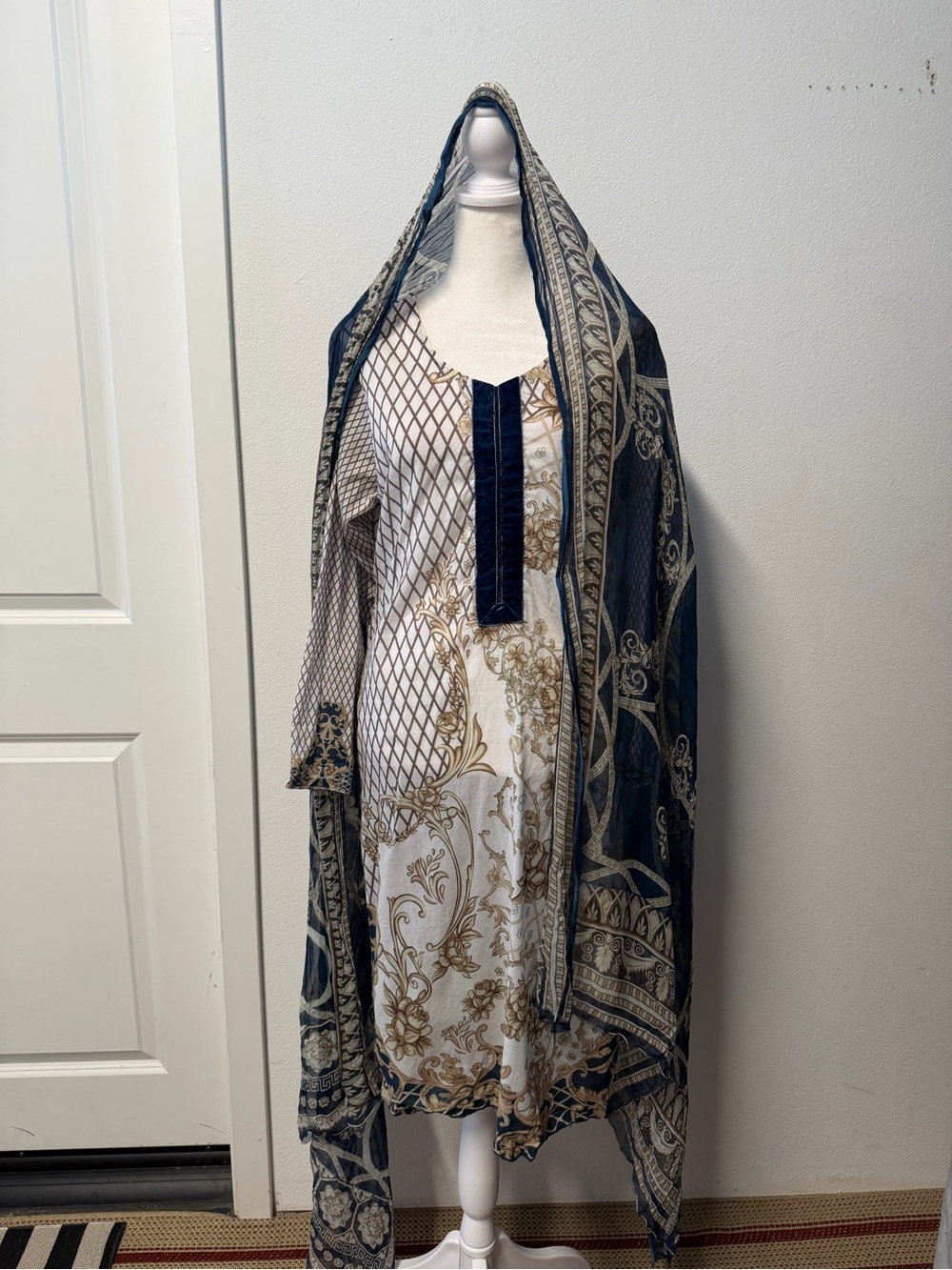 Pakistani 3 Piece Printed Shalwar Kameez White Beige Navy Floral Suit